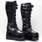 Round Toe Platforms Knee Highs Decorated Straps Space Punk Walk Wedges Boots - Black Patent