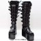 Round Toe Platforms Knee Highs Decorated Straps Space Punk Walk Wedges Boots - Black Patent