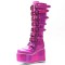 Round Toe Platforms Knee Highs Decorated Straps Space Punk Walk Wedges Boots - HotPink Patent