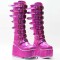 Round Toe Platforms Knee Highs Decorated Straps Space Punk Walk Wedges Boots - HotPink Patent