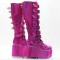 Round Toe Platforms Knee Highs Decorated Straps Space Punk Walk Wedges Boots - HotPink Patent