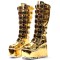 Round Toe Platforms Knee Highs Decorated Straps Space Punk Walk Wedges Boots - Gold Patent