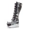 Round Toe Platforms Knee Highs Decorated Straps Space Punk Walk Wedges Boots - Silver Patent