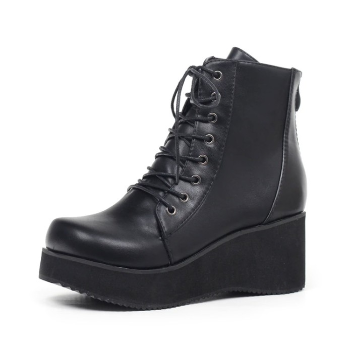 Wedge Heel Matt Gothic Style Platform Lace Up Ankle Boots - Black - Heel: 2.75 inches
Platform: 1.37 inches
 in Sexy Boots