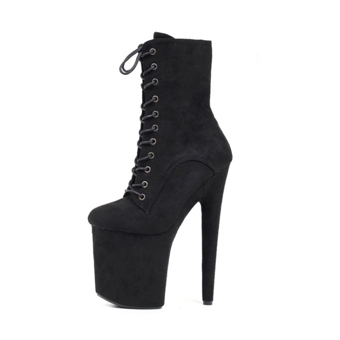 Platform High Heel Round Toe Pole Dancing Lace Up Ankle Suede Boots with Side Zipper - Black - 20CM High Heel Closed Toe Pole Dancing Ankle Boots Size in Euro 35-43 in Sexy Boots