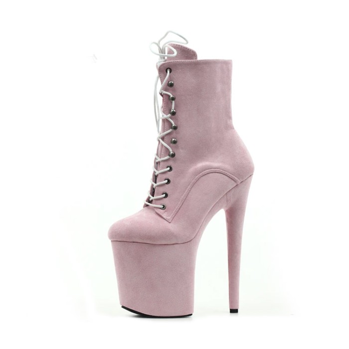 Platform High Heel Round Toe Pole Dancing Lace Up Ankle Suede Boots with Side Zipper - Pink - 20CM High Heel Closed Toe Pole Dancing Ankle Boots Size in Euro 35-43 in Sexy Boots