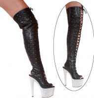 3359 Thigh High Boots - Black Leather on Rhinestones