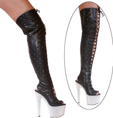 3359 Thigh High Boots - Black Leather on Rhinestones