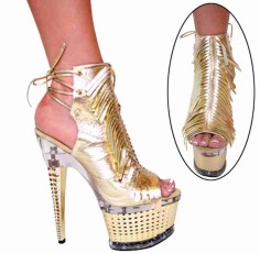 Karo Shoes 3264 7 Platform Heels with Leather Fringes in Gold