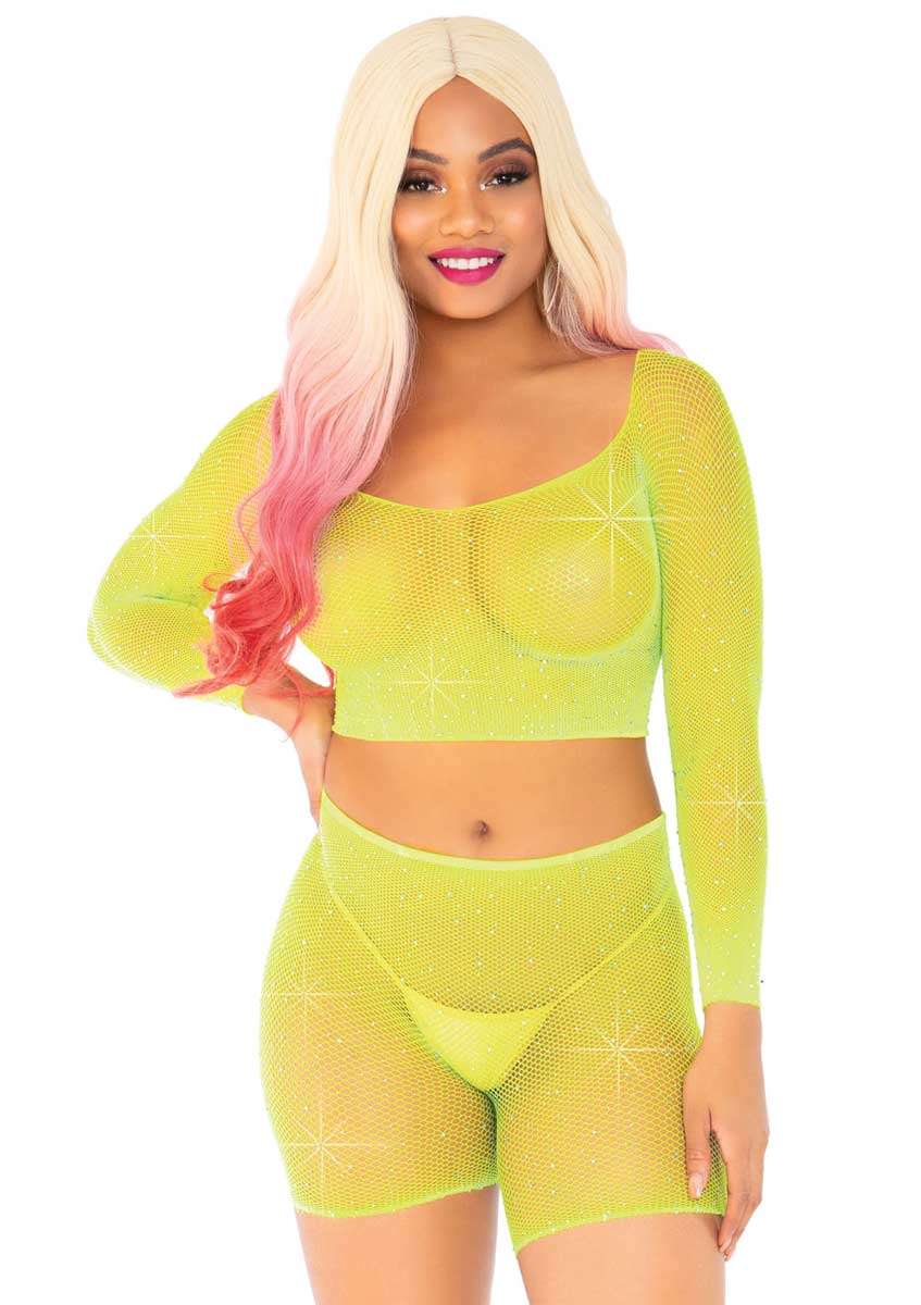 Leg Avenue 81608 2 Pc Rhinestone Fishnet Long Sleeve Crop Top And Biker Shorts in Non-Leather - $45.99