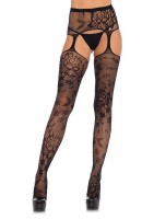 Floral Lace Stockings With Attached High Waist Garterbelt