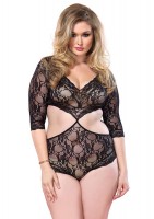 Floral Lace Deep V Cut Out Teddy With Full Back Panty Plus Si Black