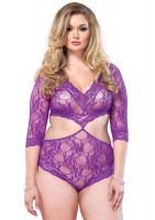 Floral Lace Deep V Cut Out Teddy With Full Back Panty Plus Si Purple