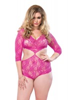 Floral Lace Deep V Cut Out Teddy With Full Back Panty Plus Si Fuchsia