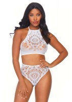 81552 2pc Crochet Lace Halter Crop Top With Strappy Back Detail And Matching Hig