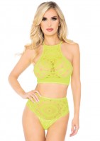 81552 2pc Crochet Lace Halter Crop Top With Strappy Back Detail And Matching Hig