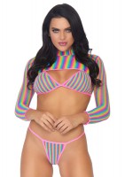 81580 3 Pc Rainbow Fishnet Bikini Top, G String, And Long Sleeved Crop Top