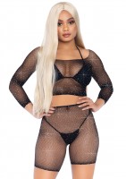 81608 2 Pc Rhinestone Fishnet Long Sleeve Crop Top And Biker Shorts