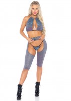81614 3 Pc Iridescent Shimmer Halter Top, G String Panties, And Buckle Biker Cha