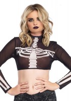 8283 Skeleton High Neck Long Sleeved Mesh Crop Top With Zipper Back