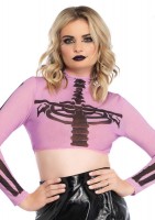 8283 Skeleton High Neck Long Sleeved Mesh Crop Top With Zipper Back