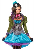 85505 3 Piece Deluxe Mad Hatter Satin Coat Dress Neck Piece Mini Clock Top Hat