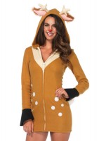 85587 Cozy Fawn, Zipper Front Fleece Dress With Ear Hood And Fawn Tail
