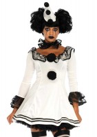 86658 3 Piece Pierrot Clown, Lace Trimmed Velvet Dress With Pom Pom, Ruffle Neck