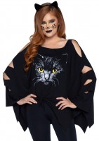 86897 2 Pc Cat Poncho, Includes Cat Face Poncho With Cut Out Sleeves, Knotted Fr