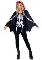 86917 Day Of The Dead Poncho, Features Skeleton Detail And Lace Print Hood With 