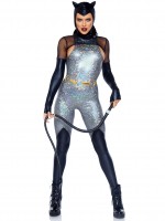 86996 4 Pc Feline Felon, Includes Holographic Catsuit With Boot Detail, Fishnet 