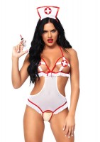 87051 2 Pc Naughty Nurse, Includes Crotchless Teddy With Peek A Boo Cups And Mat