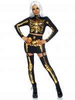 87061 2 Pc Golden Skeleton, Includes Long Sleeved Crop Top And Garter Skirt With