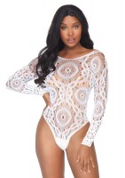 89161 Crochet Lace Long Sleeved Snap Crotch Thong Back Teddy