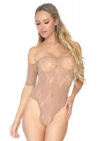 89234 Scalloped Rose Lace Crotchless Teddy With Cuff Sleeves