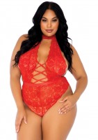 89245X High Neck Floral Lace Backless Teddy With Lace Up Accents And Crotchless 