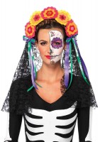 A2726 Day Of The Dead Flower Headband With Lace Veil
