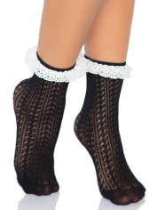 3061 Zig Zag Black Crochet Anklet Socks With White Crochet Eyelet Lace