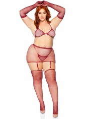81617X 5 Pc Rhinestone Fishnet Garter Skirt Set With Bikini Top, G String, Glove