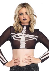 8283 Skeleton High Neck Long Sleeved Mesh Crop Top With Zipper Back