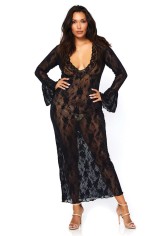 Stretch Lace Deep V Bell Sleeve Long Dress