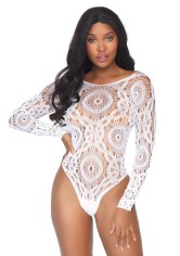 89161 Crochet Lace Long Sleeved Snap Crotch Thong Back Teddy