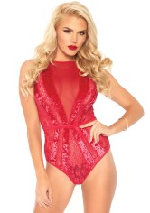 89236 Velvet And Floral Lace Starburst Teddy With Deep V Mesh Bodice, Sheer Keyh