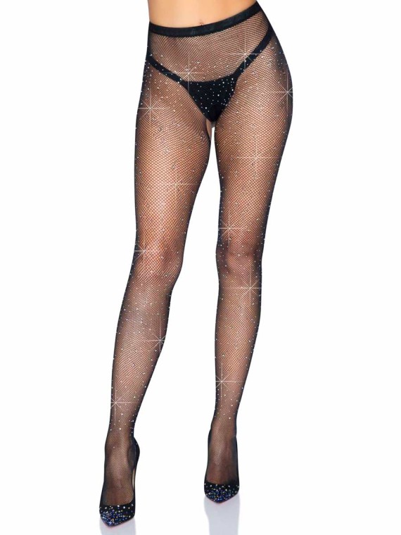 Leg Avenue 1410 Rhinestone Fishnet Crotchless Tights With Cheeky