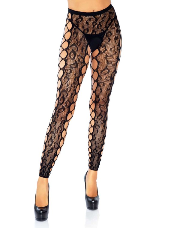 Leg Avenue 7812 Leopard Lace Footless Crotchless Tights With Net
