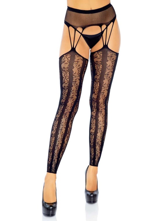 7813 Striped Lace Footless Stockings With Multi Strand Attached Fishnet  Garter B by Leg Avenue