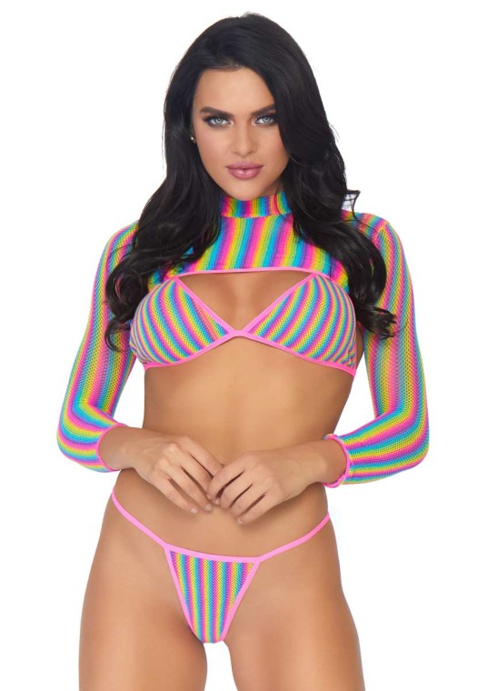 Leg Avenue 81580 3 Pc Rainbow Fishnet Bikini Top G String And Long Sleeved Crop Top in Non Leather Accessories 45.99