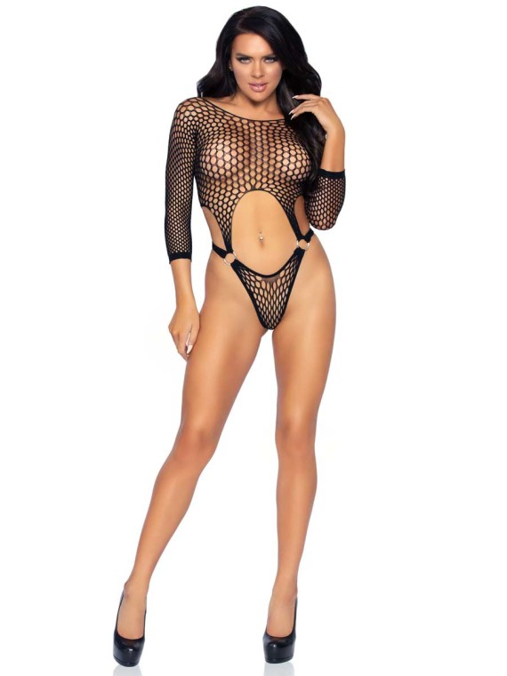 Leg Avenue 89289 Long Sleeve Pothole Suspender Top Bodysuit With Thong Back  And O Ring Deta in Dresses, MiniDresses & BodySuits - $45.99