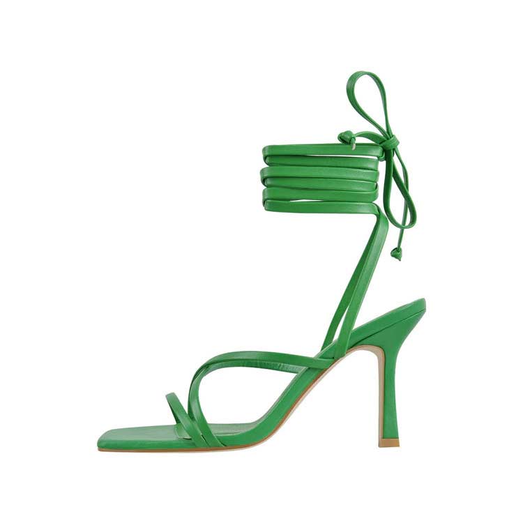 Maken Kitten Heels Gladiator Strap Square Toe Sandals Green in Sexy Heels Platforms 82.71