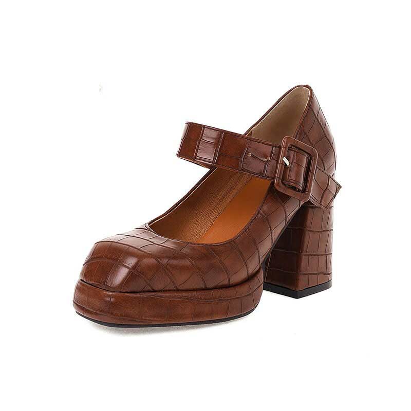 Emma Jones Chunky High Heels Square Toe Platform Pumps Mary Janes Buckle Strap Crocodile